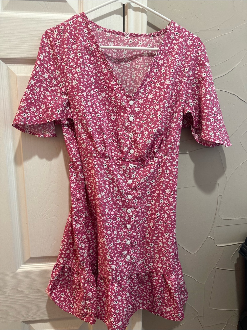 Floral Button-Front Mini Dress in Bright Pink